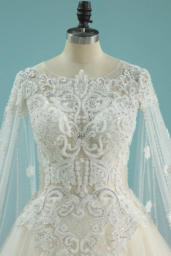 2024 Luxurious Scoop Wedding Dresses A Line Tulle With Appliques And Beading PM3AMXZA