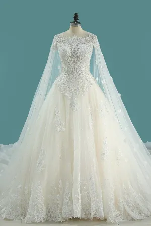 2024 Luxurious Scoop Wedding Dresses A Line Tulle With Appliques And Beading PM3AMXZA