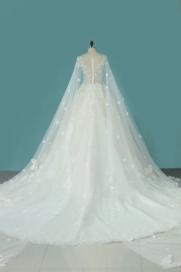 2024 Luxurious Scoop Wedding Dresses A Line Tulle With Appliques And Beading PM3AMXZA