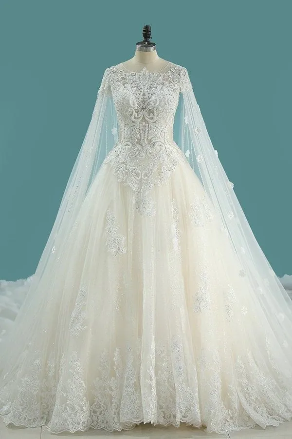 2024 Luxurious Scoop Wedding Dresses A Line Tulle With Appliques And Beading PM3AMXZA