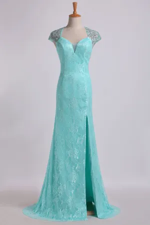 2024 Prom Dresses Lace Sheath/Column Beaded Tulle Back Floor-Length With Slit