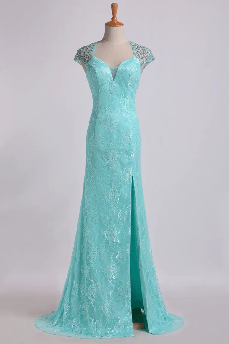 2024 Prom Dresses Lace Sheath/Column Beaded Tulle Back Floor-Length With Slit