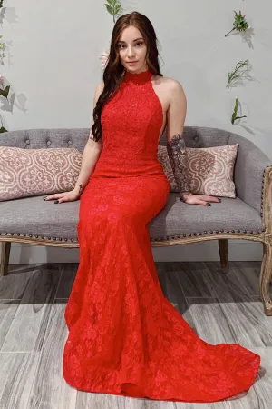 2024 Prom Dresses Mermaid Lace High Neck Open Back Sweep Train