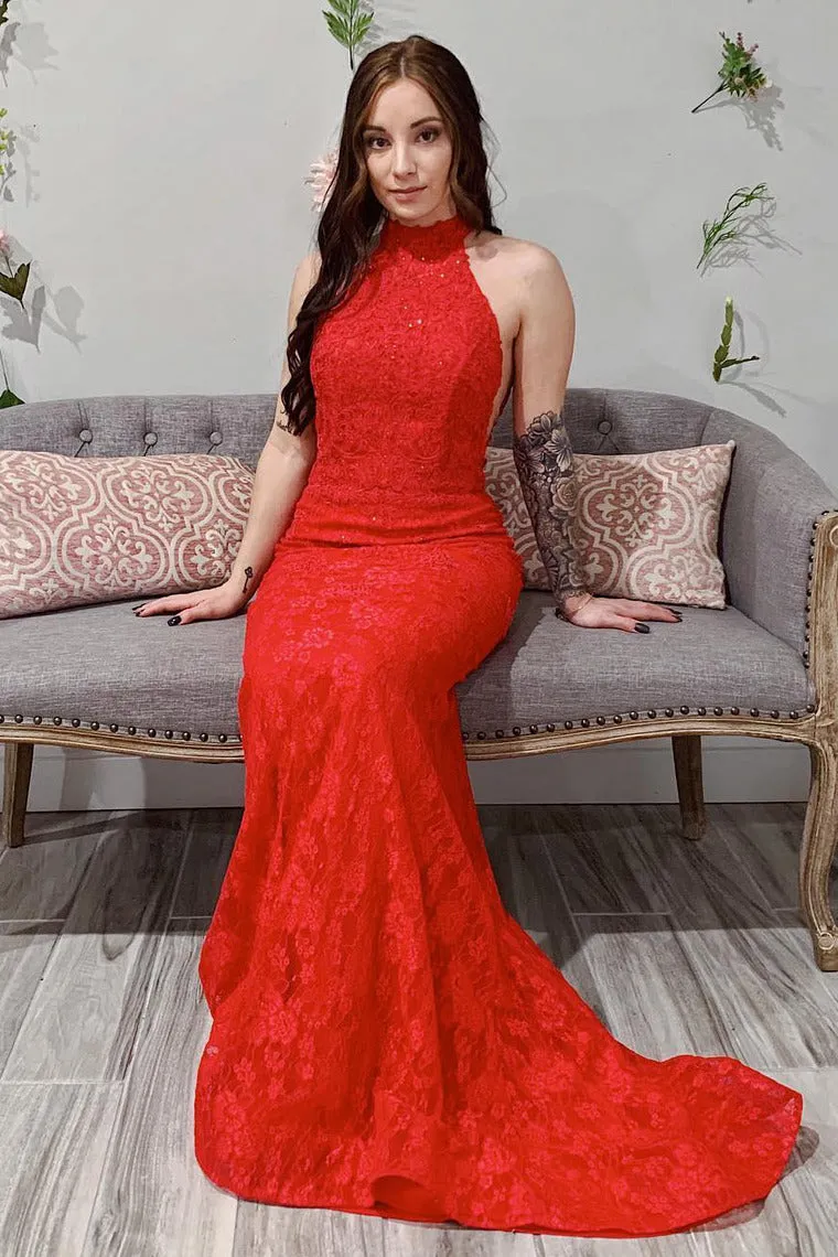 2024 Prom Dresses Mermaid Lace High Neck Open Back Sweep Train