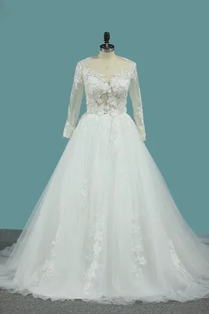 2024 Scoop Long Sleeves Tulle Wedding Dresses With Applique Chapel Train