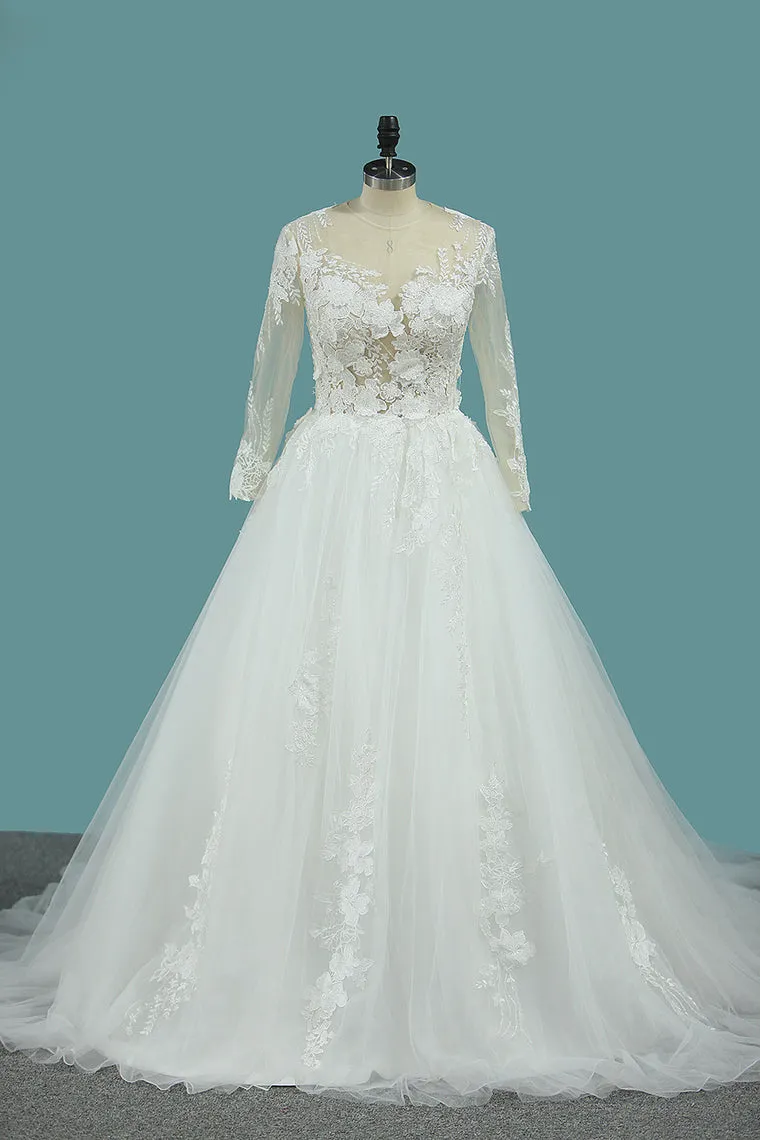 2024 Scoop Long Sleeves Tulle Wedding Dresses With Applique Chapel Train
