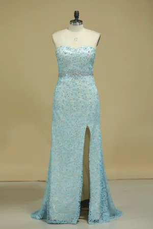 2024 Sweetheart Column Prom Dresses Beaded Waistline With Slit Lace