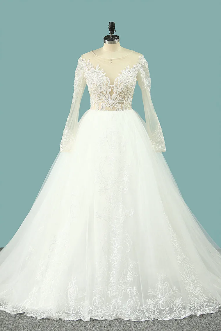2024 Wedding Dresses Scoop Long Sleeves Tulle With Applique Court Train