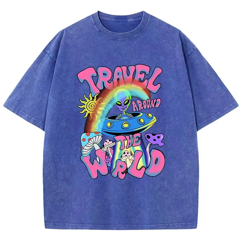 Alien UFO Travel Around The World Print T Shirt