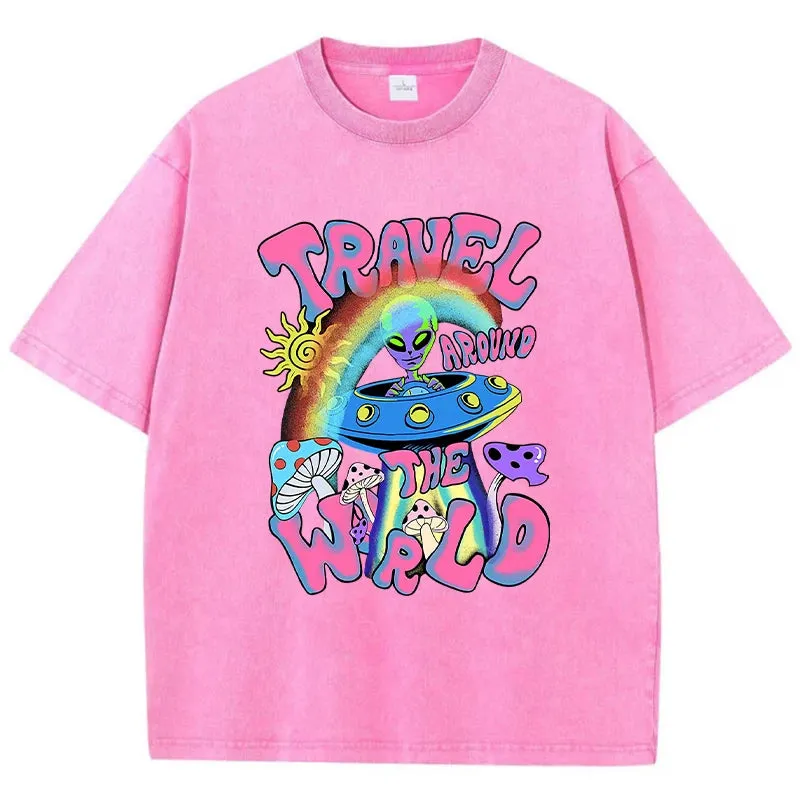 Alien UFO Travel Around The World Print T Shirt