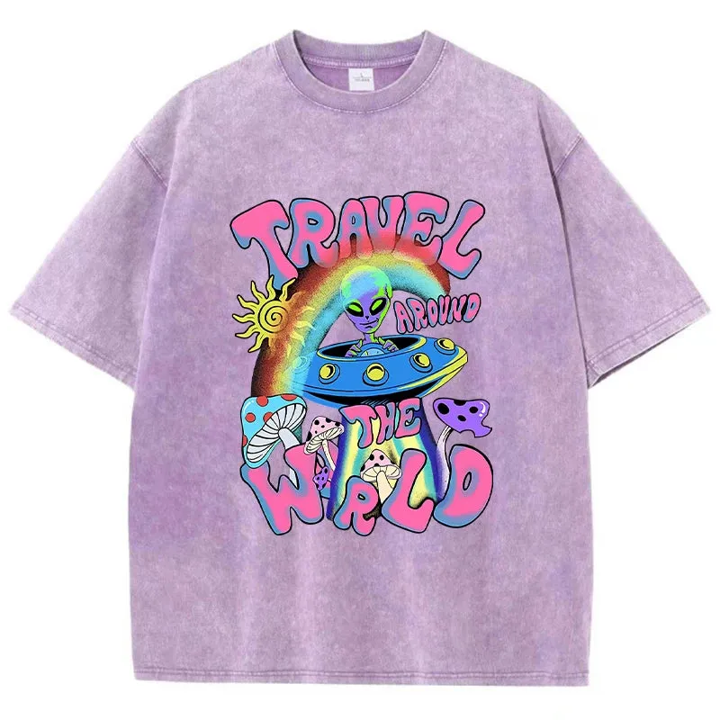 Alien UFO Travel Around The World Print T Shirt