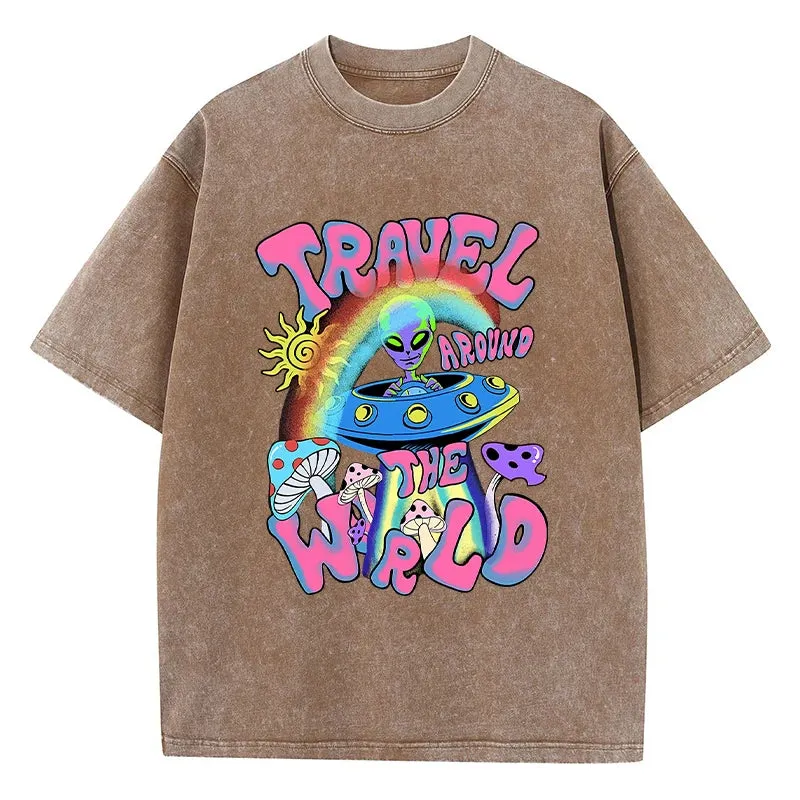 Alien UFO Travel Around The World Print T Shirt