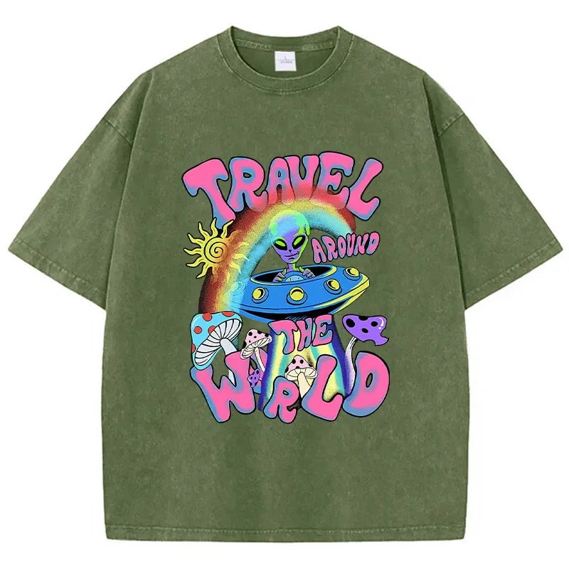 Alien UFO Travel Around The World Print T Shirt