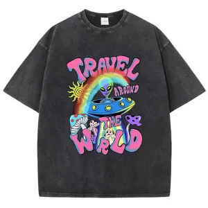 Alien UFO Travel Around The World Print T Shirt