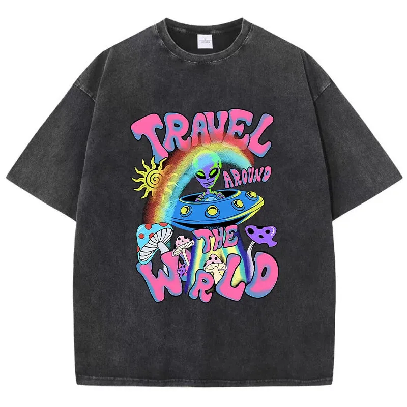Alien UFO Travel Around The World Print T Shirt