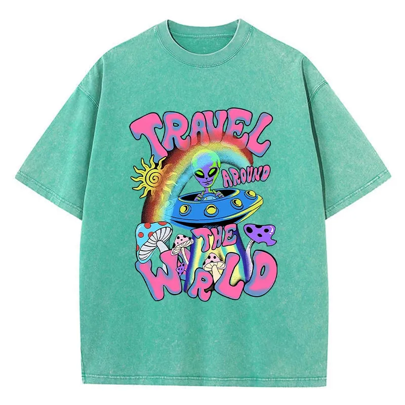 Alien UFO Travel Around The World Print T Shirt