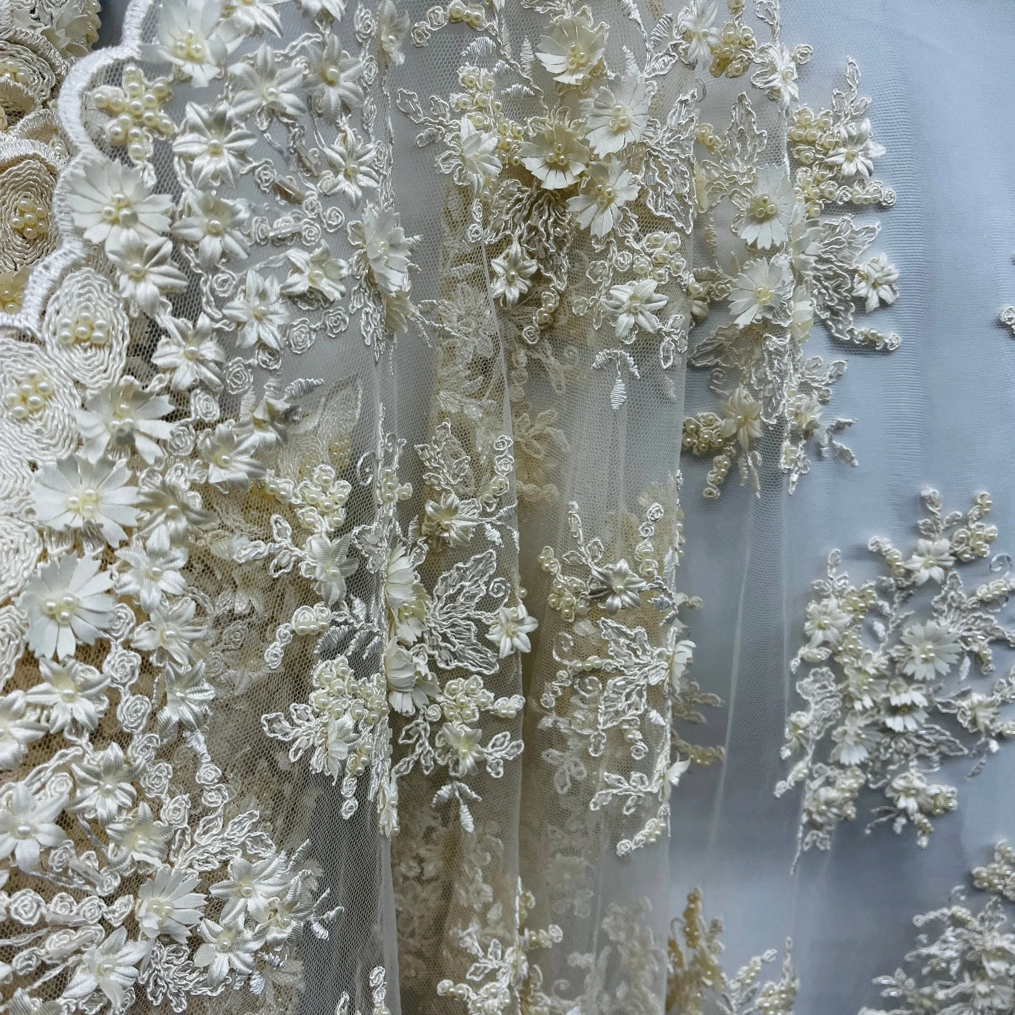 Beaded 3D Floral Lace Fabric Embroidered on 100% Polyester Net Mesh | Lace USA - GD-361