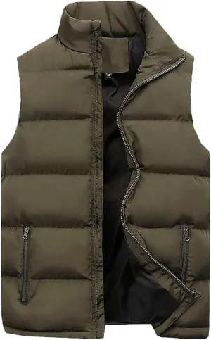 BIFUTON Men's Puffer Vest Casual Solid Color Zip-Up Collar Sleeveless Cotton Padded Coat Outdoor Travel Puffy Quilted Jacket