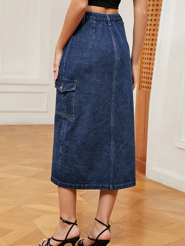 Buttoned Pockets Split-Front Loose Denim Skirts Bottoms