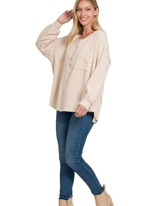 Catch the Style Wave Oversized Long Sleeve Gauze Top