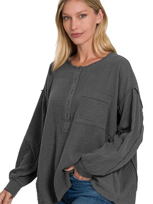 Catch the Style Wave Oversized Long Sleeve Gauze Top