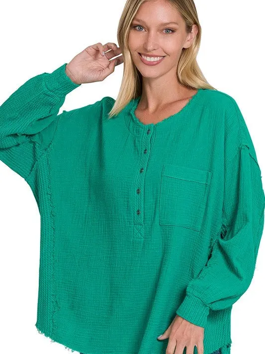 Catch the Style Wave Oversized Long Sleeve Gauze Top