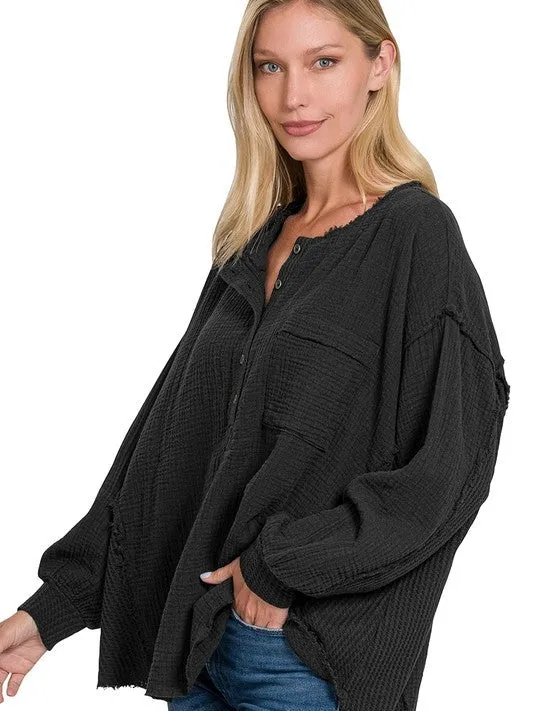 Catch the Style Wave Oversized Long Sleeve Gauze Top