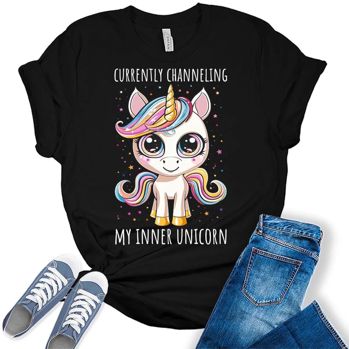 Channeling My Inner Unicorn Shirt Funny Letter Print Trendy Graphic Tees for Women