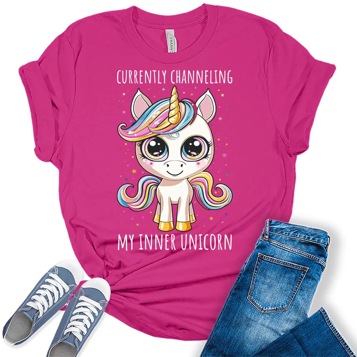 Channeling My Inner Unicorn Shirt Funny Letter Print Trendy Graphic Tees for Women