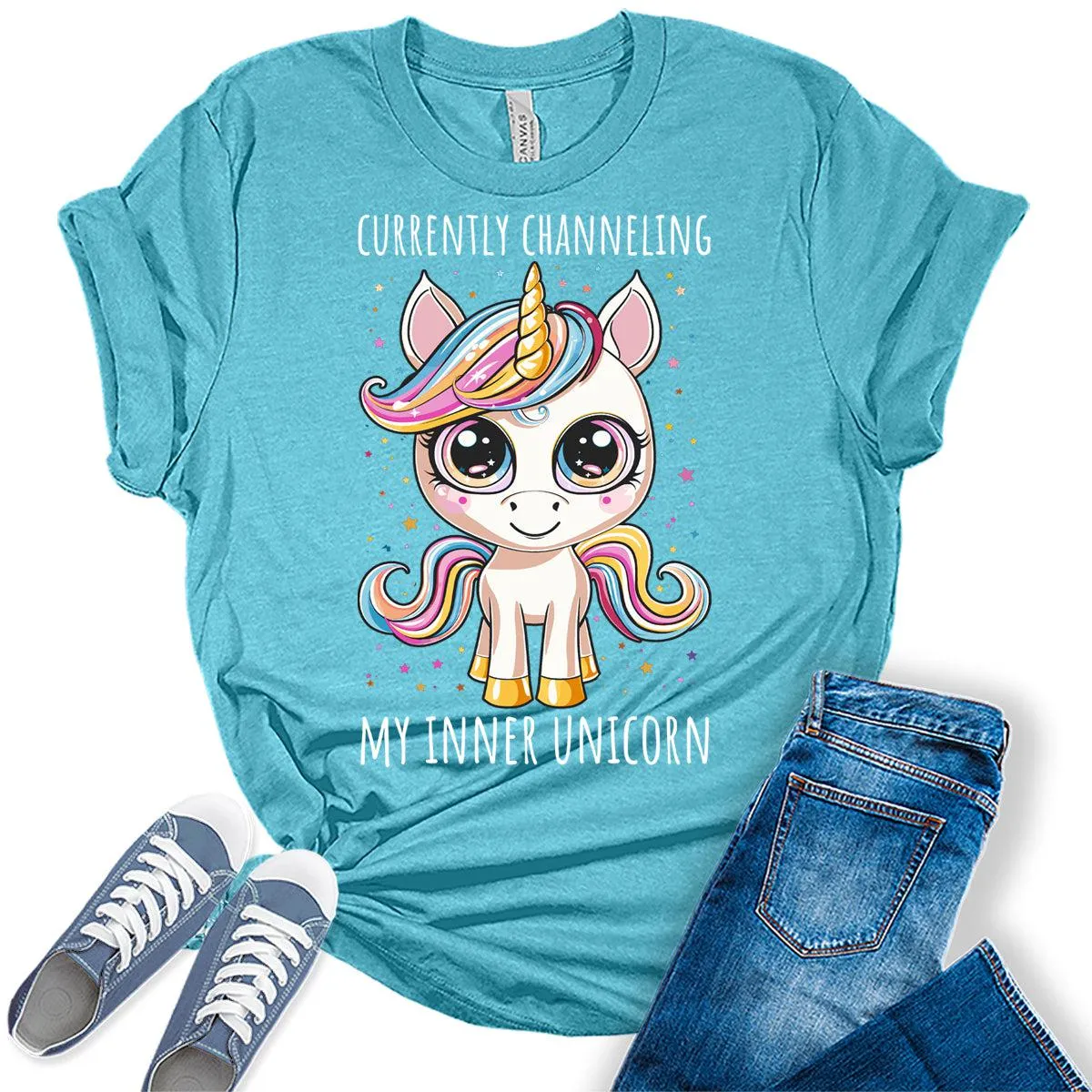 Channeling My Inner Unicorn Shirt Funny Letter Print Trendy Graphic Tees for Women