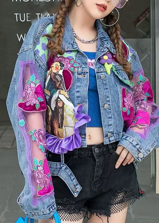 Chic Blue Ruffled Tulle Embroideried Patchwork Denim Jacket Spring LY3987