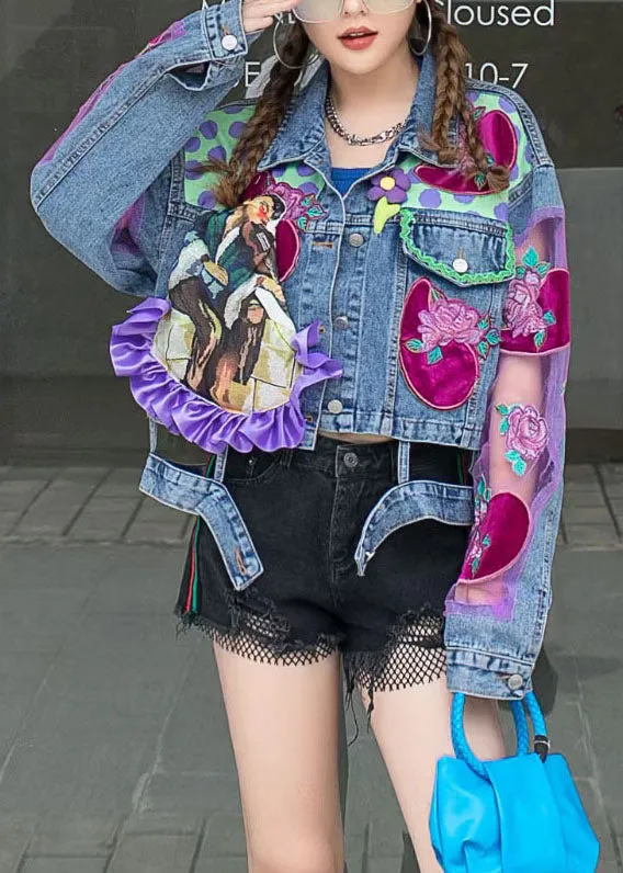 Chic Blue Ruffled Tulle Embroideried Patchwork Denim Jacket Spring LY3987