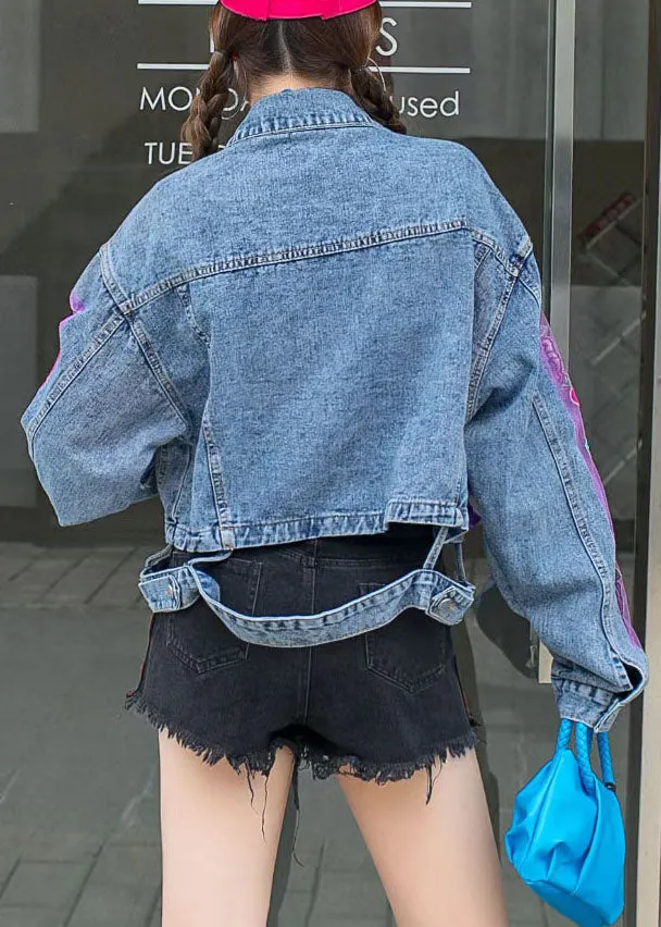 Chic Blue Ruffled Tulle Embroideried Patchwork Denim Jacket Spring LY3987
