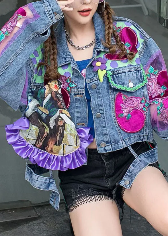 Chic Blue Ruffled Tulle Embroideried Patchwork Denim Jacket Spring LY3987