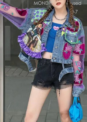 Chic Blue Ruffled Tulle Embroideried Patchwork Denim Jacket Spring LY3987