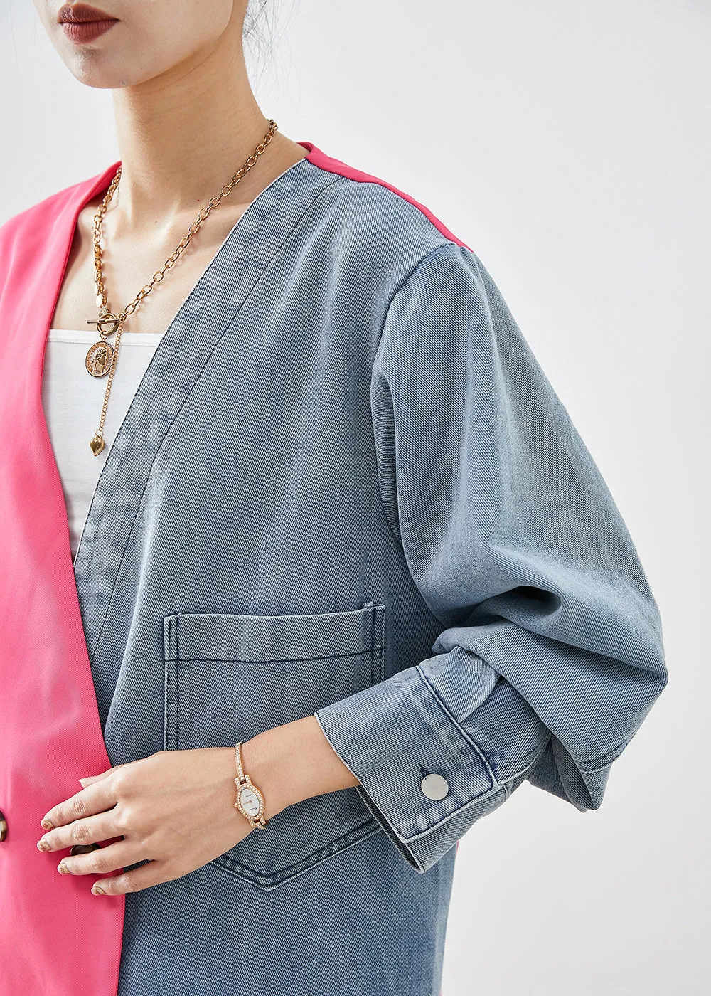 Chic Colorblock Asymmetrical Patchwork Double Breast Cotton Coats Fall LY9254