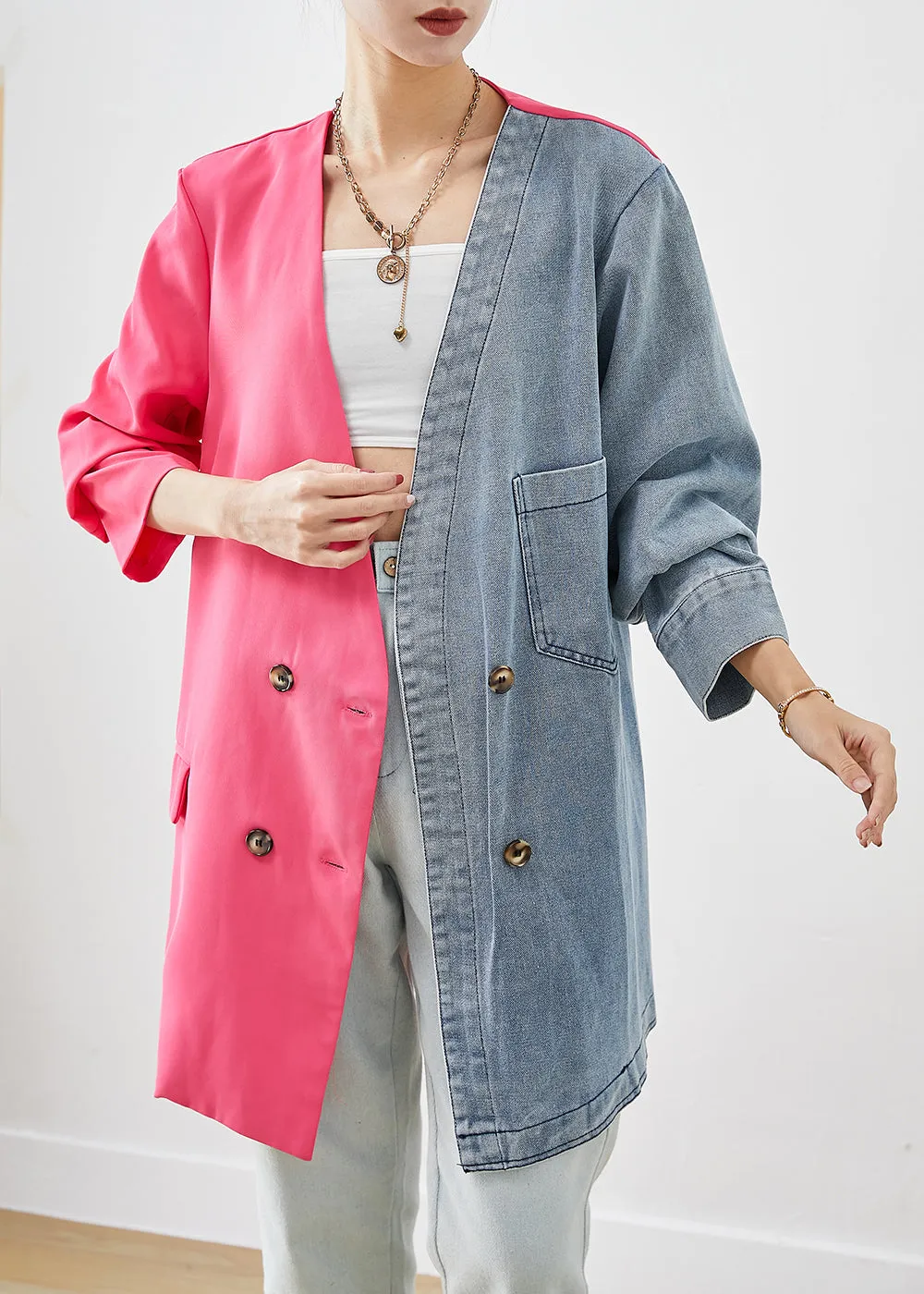Chic Colorblock Asymmetrical Patchwork Double Breast Cotton Coats Fall LY9254