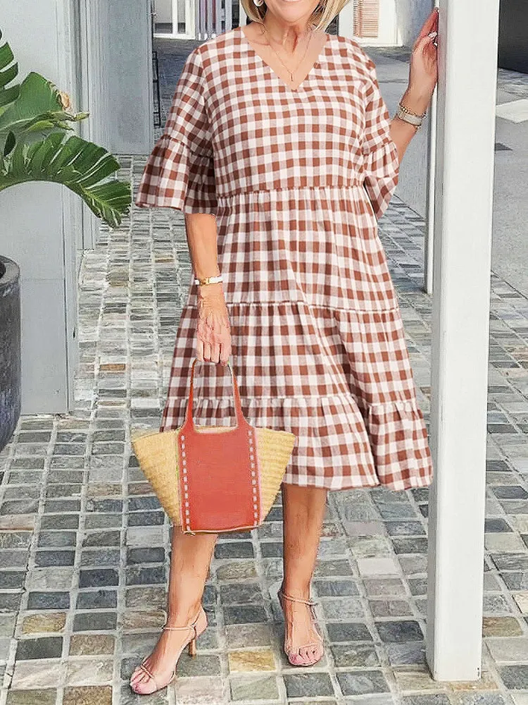 Chic V-neck Plaid Tunic Dress ??Stylish and Comfortable Everyday Wear