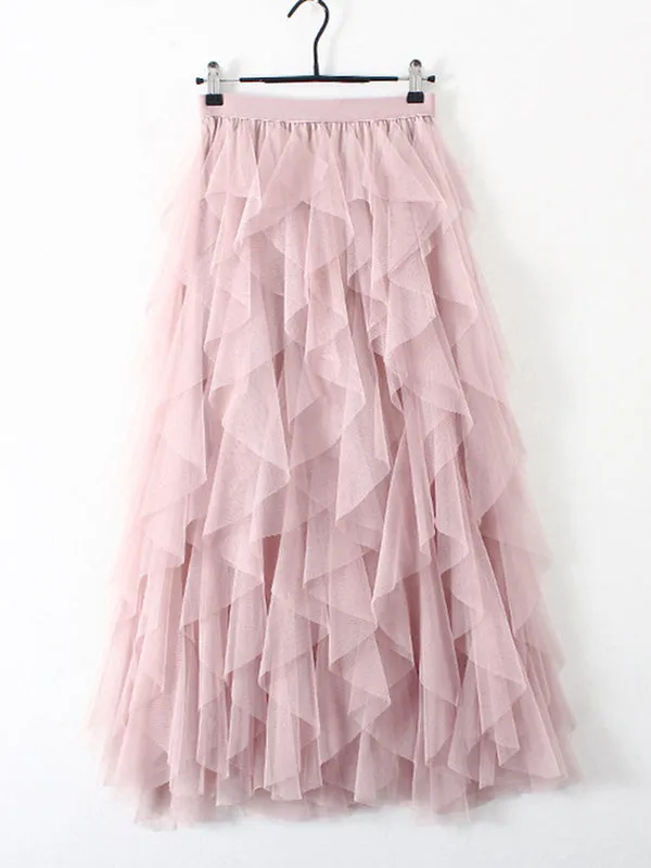 Chicmy-Original Irregular Mesh 4 Colors Falbala Pleated Elasticity Skirt