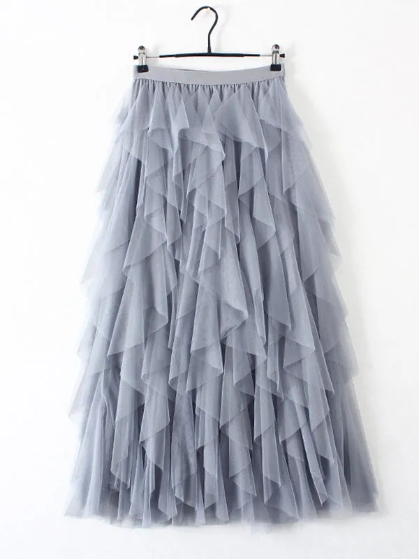 Chicmy-Original Irregular Mesh 4 Colors Falbala Pleated Elasticity Skirt