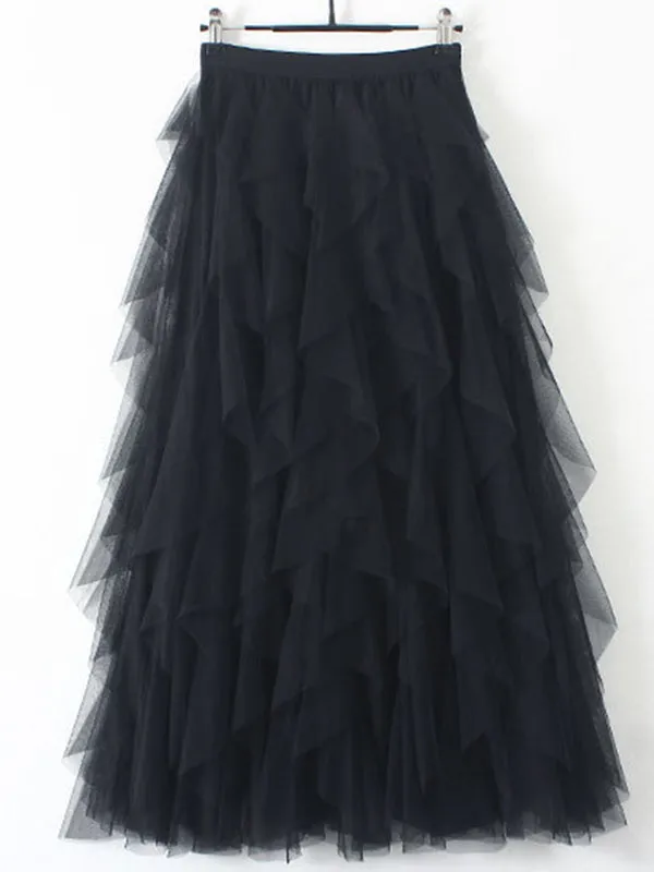 Chicmy-Original Irregular Mesh 4 Colors Falbala Pleated Elasticity Skirt