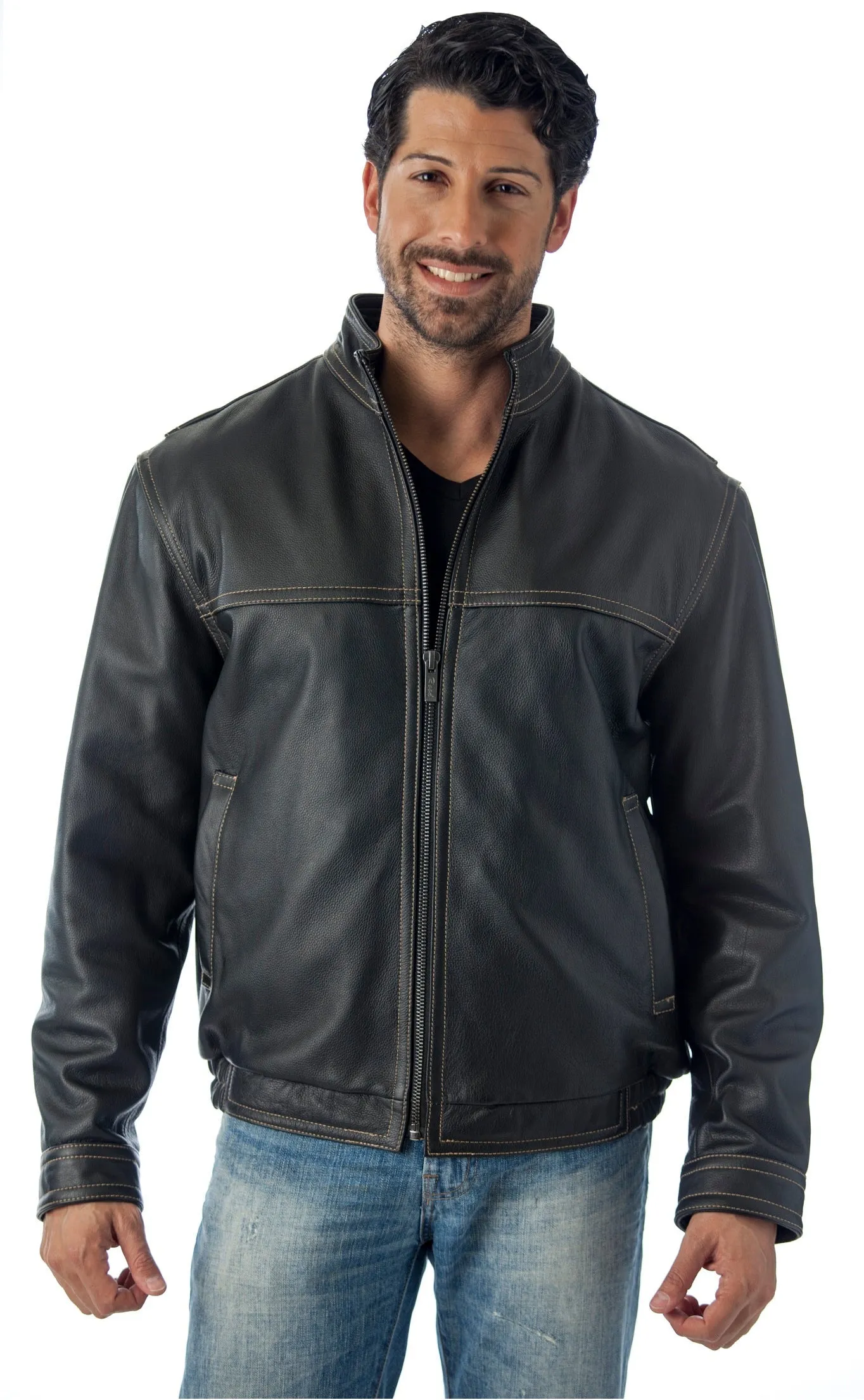 Contemporary Stand Up Collar Leather Jacket - Reed Classic Men's Fit - Imported From Reed Leather