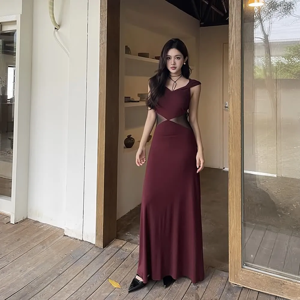 Dark Red Open Back Hooded Maxi Dress