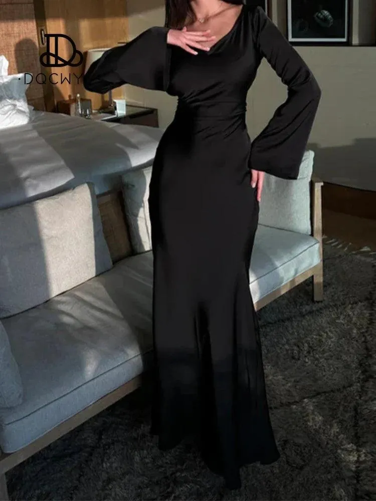 Elegant Lace-Up Satin Flare Sleeve Dress: Luxurious Evening Party Attire