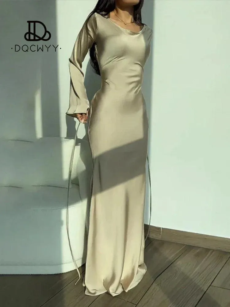 Elegant Lace-Up Satin Flare Sleeve Dress: Luxurious Evening Party Attire