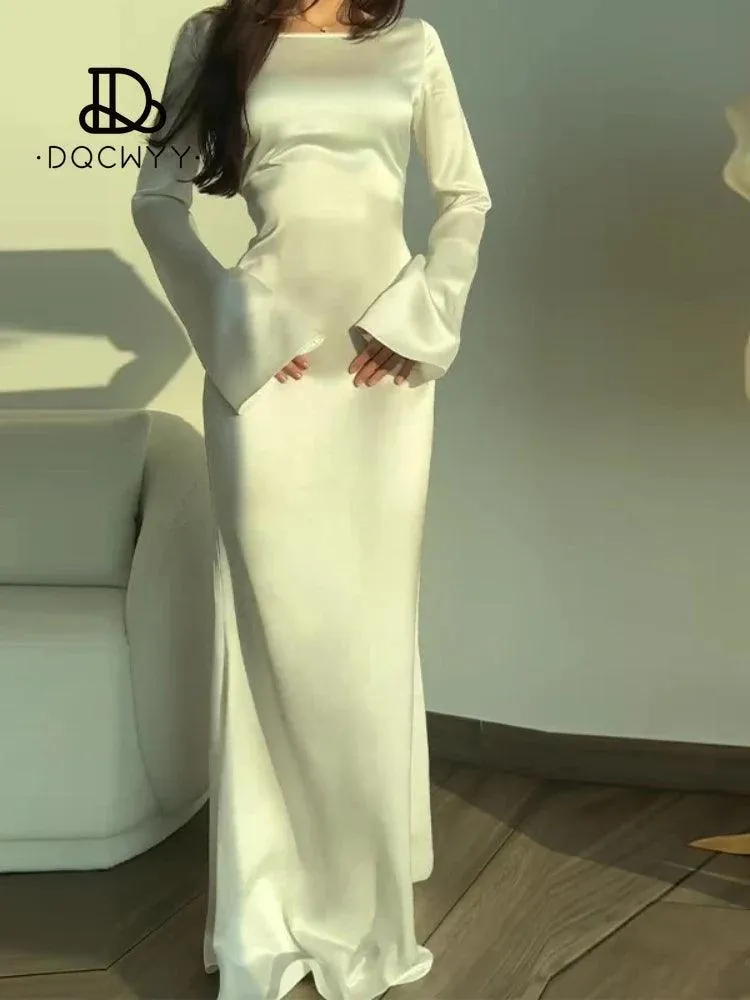 Elegant Lace-Up Satin Flare Sleeve Dress: Luxurious Evening Party Attire