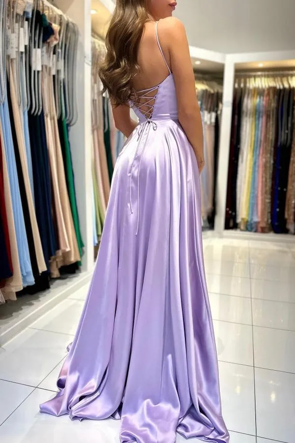Elegant Lilac Long A-line Spaghetti Straps Lace-Up Satin Prom Dresses