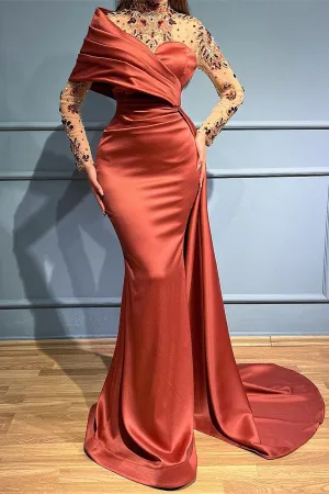 Elegant Long Mermaid Ruffles Satin Beading Tulle Prom Dress with Sleeves