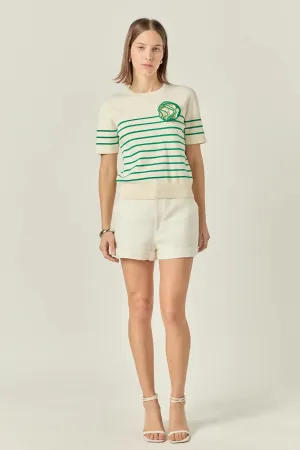 English Factory Striped Knit Sweater with Flower Appliqué