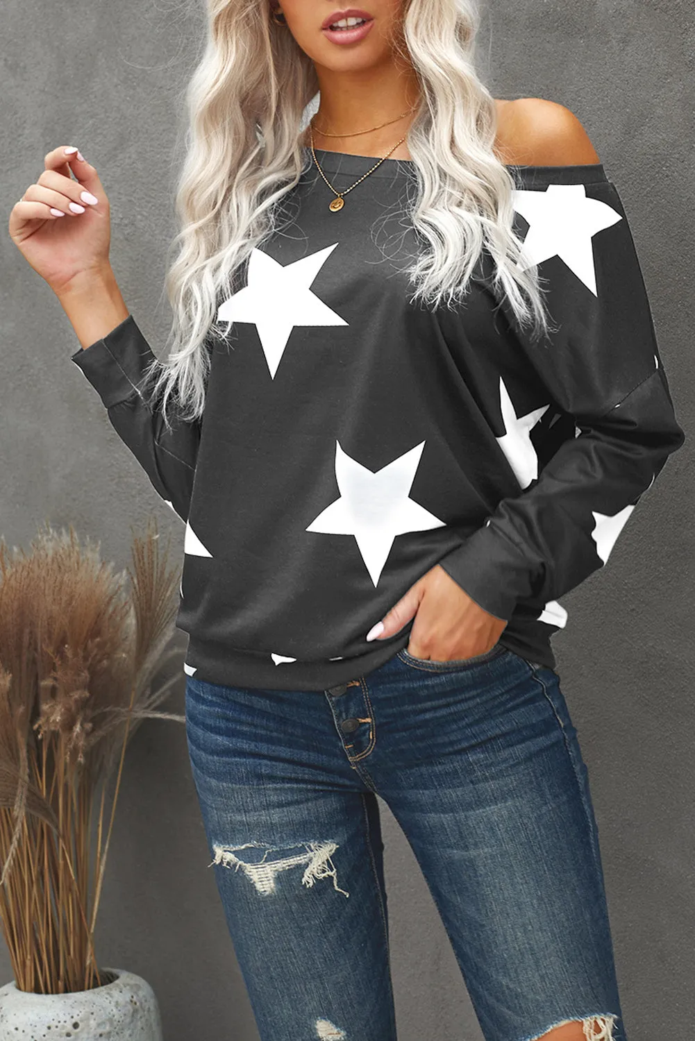 Fashion Five-pointed Star Print Round Neck Gray Sweatshirt